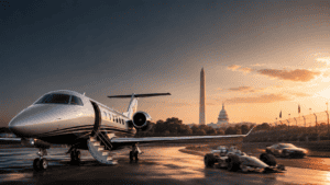 Private jet on a runway at sunset with race cars in motion and Washington, D.C. landmarks in the background for VIP race weekend travel.